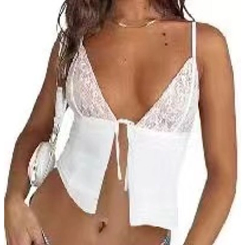 Canotta da Donna Sexy in Pizzo a Rete Patchwork con Laccio Frontale Scollo a V Spalline Sottili Senza Schienale Senza Maniche Estate Top Moda Clubwear