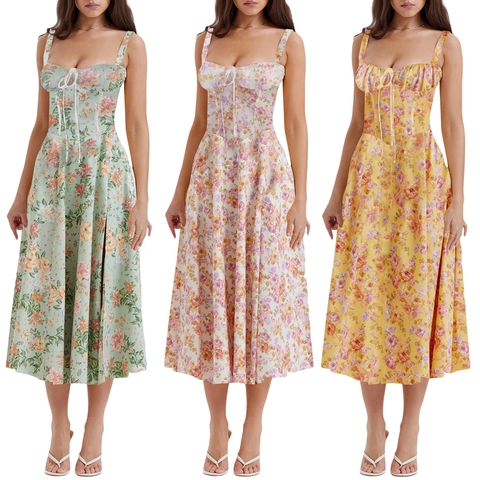 Französisches Vintage Blumenmuster Korsett Midi Kleid Spaghettiträger Schnürung Rückseite Hoher Schlitz A Linie Sommer Kleid Für Damen