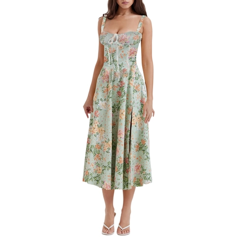 Französisches Vintage Blumenmuster Korsett Midi Kleid Spaghettiträger Schnürung Rückseite Hoher Schlitz A Linie Sommer Kleid Für Damen