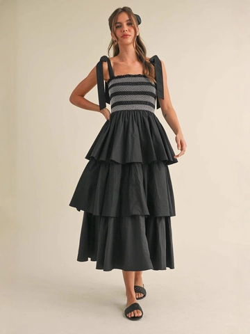 Women Summer Resort Tiered Cake Midi Dress Bow Tie Straps Smocked Bodice Sleeveless Solid Color A-Line Sundress Vacation