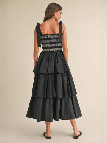Women Summer Resort Tiered Cake Midi Dress Bow Tie Straps Smocked Bodice Sleeveless Solid Color A-Line Sundress Vacation