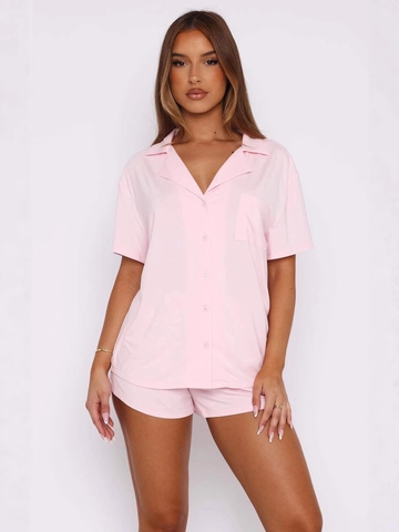 Women's Casual Pajama Set Short Sleeve Button Down Notch Lapel Shirt And Shorts Loungewear Solid Color Soft Sleepwear Outfit