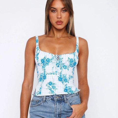 Damen Sommer Blumenmuster Korsett Crop Top Vintage Französischer Landhausstil Blau Kariert Trägerlos Ärmellos Eckiger Ausschnitt Schnürweste
