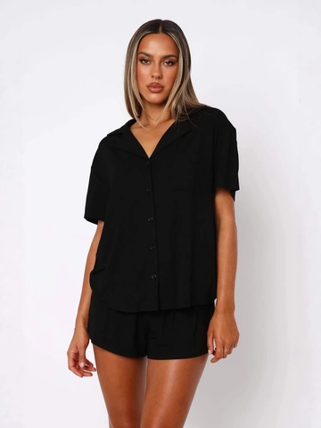 Women's Casual Pajama Set Short Sleeve Button Down Notch Lapel Shirt And Shorts Loungewear Solid Color Soft Sleepwear Outfit