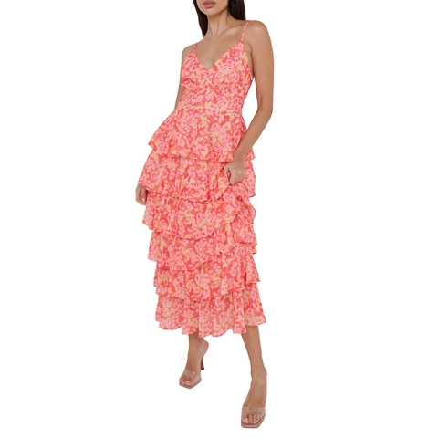 Damen Sommer Floral Spaghetti Träger V-Ausschnitt Rückenfrei Stufen Maxi Kleid Boho Rüschen Gelaagt Urlaub Party Langes Kleid