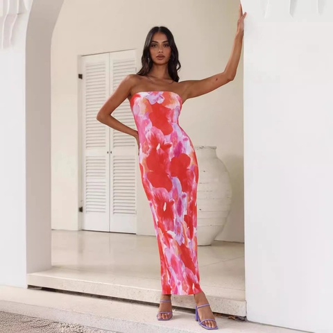 Damen Floral Drucken Bandeau Maxi Kleid Rückenfrei Schnürung Schlanke Passform Strand Urlaub Bodycon Lang Kleid Party Mode