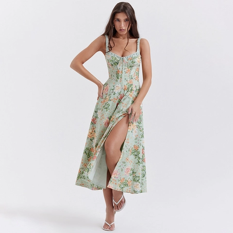Abito da Donna Vintage Francese con Stampa Floreale e Spacco Estivo Senza Maniche con Scollo a Cuore Corsetto Midi Abito a Trapezio Vacanza