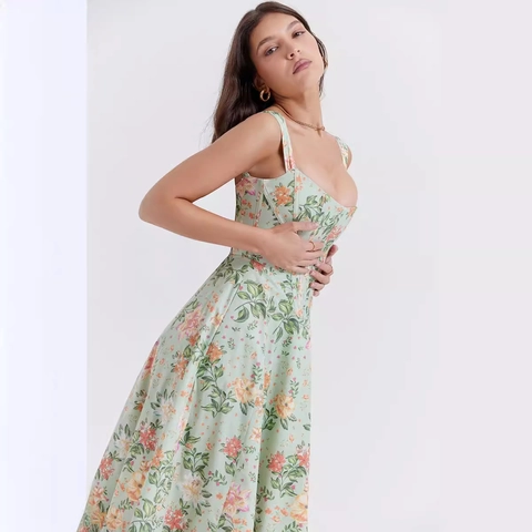 Robe Midi Fleurie Rétro Français pour Femmes avec Col Carré Corset et Fente Élégante Dos Nu pour Vacances d'Été et Fête à la Plage