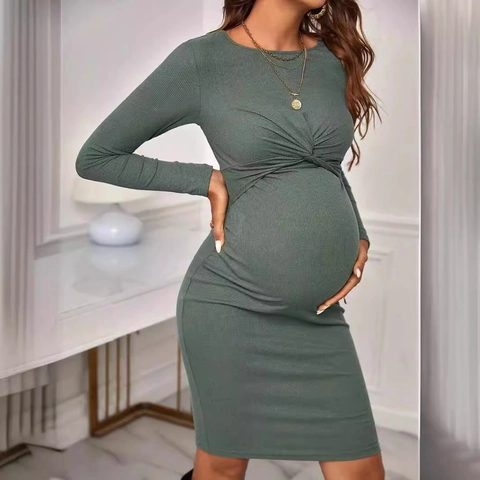 Vestido de Maternidad Casual de Punto Acanalado Manga Larga Cuello Redondo Nudo Torcido Corte Ajustado Vestido de Embarazo Midi