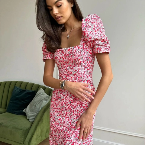 Damen Französisches Blumen Maxikleid Vintage Eckiger Ausschnitt Puffärmel Schlanke Passform A-Linie Sommerurlaub Casual Kleid