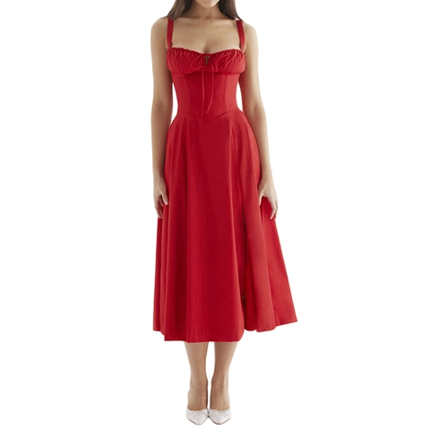 Abito Midi a Corsetto Sexy da Donna Senza Schienale Estivo Floreale Spalline Sottili Spacco Alto Busto Increspato Abito Party