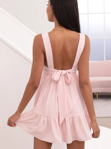 Women Summer Square Neck Sleeveless Mini Dress Open Back Large Bow Tiered Ruffle Hem Babydoll Sundress With Pockets