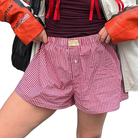 Women's Casual Cotton Blend High Waist Loose Wide Leg Retro Plaid Shorts Summer Beach Casual Shorts