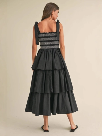 Vestido Midi de Capas para Mujer Verano Cuerpo Fruncido Tirantes con Lazo Vacaciones Playa Vestido Playero Elegante