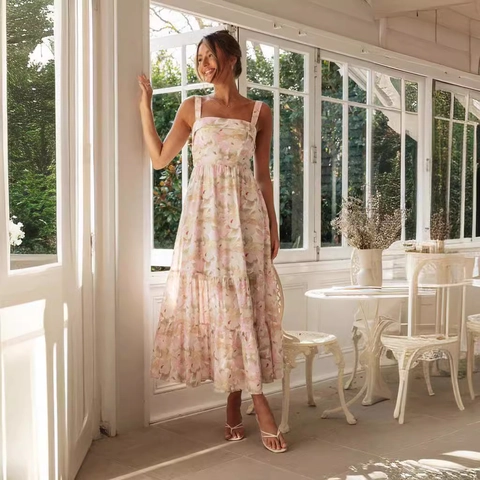 Vestido Maxi con Estampado Floral para Mujer Verano Cuello Cuadrado Falda de Capas Espalda Descubierta Cruzada Sin Mangas