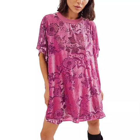 Damen Vintage Blumenmuster Samt Minikleid Rundhals Kurzarm Rüschensaum Locker Fließendes Boho Alltag Partykleid