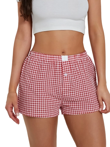 Damen Retro Gingham Hohe Taille Shorts Elastische Taille Lässig Loungewear Kariert Weites Bein Schlafanzughose Bequeme Kurze Hose