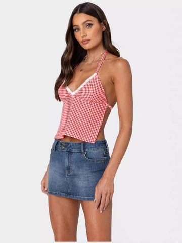 Damen Sexy Halter Gingham Crop Top V-Ausschnitt Spitzenbesatz Rückenfrei Zum Binden Kariert Sommer Ärmellos Halterneck Cami Tank Top