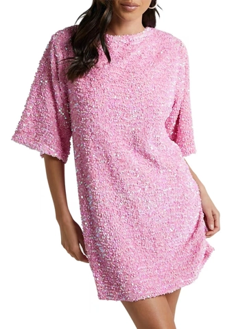 Damen Sexy Rückenfreies Pailletten Minikleid Elegant V-Ausschnitt Kurzarm H-Linie Glänzendes Party Abend Clubwear Kleid