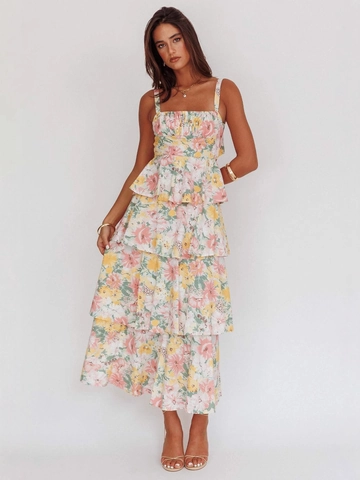 Women Floral Print Tiered Maxi Dress Bow Back Sleeveless Square Neck Vacation Party Polyester Spandex Dress