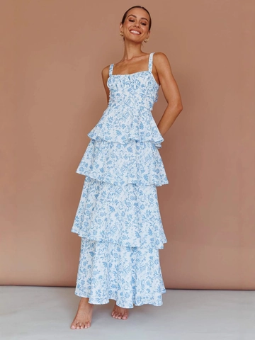 Women Floral Print Tiered Maxi Dress Bow Back Sleeveless Square Neck Vacation Party Polyester Spandex Dress