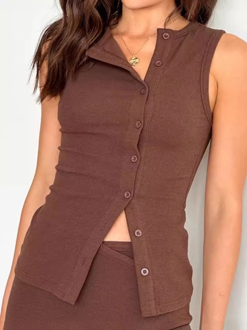 Women Sexy Sleeveless Ribbed Knit Vest Solid Color Single Breasted Slim Fit Cardigan Short Button Down Knit Tank Top