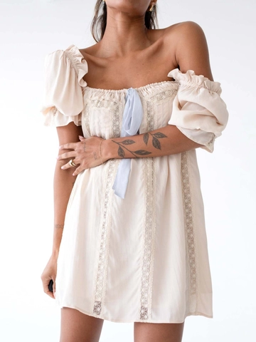 Women French Retro Lace Mini Dress Square Neck Puff Sleeve Solid Color Sweet Bow Party Bodycon Short Sleeve A-Line Dress