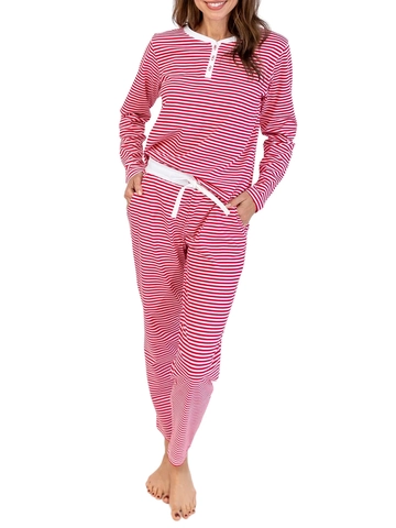Striped Pajama Top And Pants For Women Long Sleeve Henley Neck Loungewear Casual Sleepwear Comfortable Home Wear