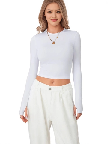 T-Shirt Court Manches Longues Coupe Ajustée Col Rond Couleur Unie Avec Passe-pouce Haut Décontracté Streetwear Base Layer
