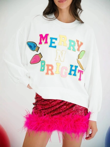 Sweat-shirt de Noël Merry N Bright pour Femmes Lettres Pailletées Brodées Manches Longues Col Rond Pullover Top de Fête