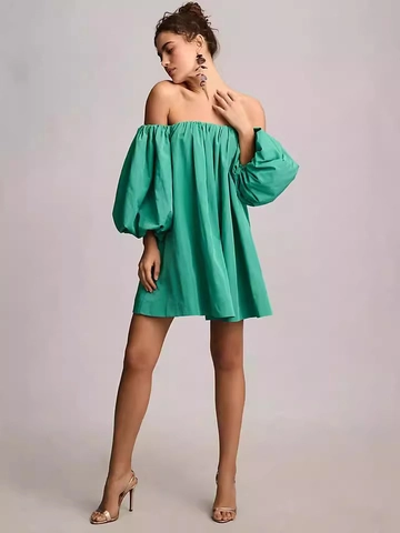 Dames Sexy Off Shoulder Pofmouwen Mini Jurk Stippen Effen Kleur A-Lijn Zomer Feest Mode Club Elegant Kort Jurkje