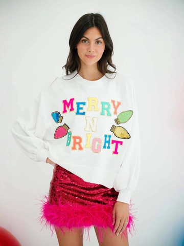 Sweat-shirt de Noël Merry N Bright pour Femmes Lettres Pailletées Brodées Manches Longues Col Rond Pullover Top de Fête