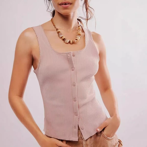 Women Sleeveless Ribbed Knit Vest Button Up Tank Top Slim Fit Polyester Spandex Scalloped Trim Solid Color Casual Street Top