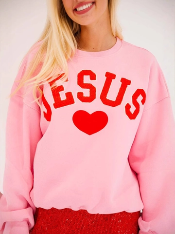 Felpa da Donna Casual Rosa Girocollo Manica Lunga con Ricamo Patch Chenille Jesus Cuore Rosso Top Pullover Largo