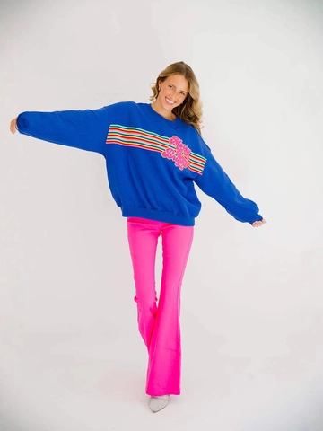 Women's Christmas Merry & Bright Sweatshirt Casual Loose Blue Rainbow Striped Long Sleeve Crewneck Pullover Festive Top