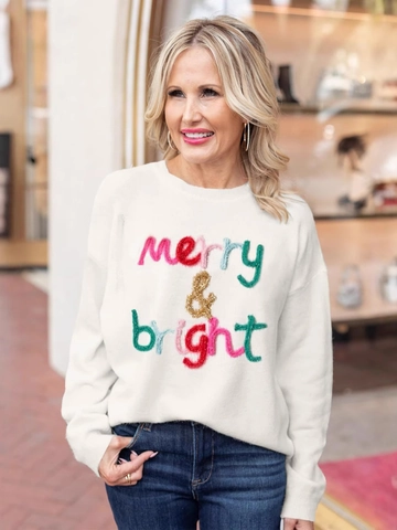 Felpa di Natale Donna Merry Bright Lettere Ricamo Chenille Manica Lunga Girocollo Casual Pullover Top Festivo