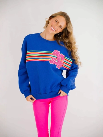 Dames Kerst Sweatshirt Merry & Bright Blauw Regenboogstrepen Lange Mouw Ronde Hals Pullover Feestelijke Top