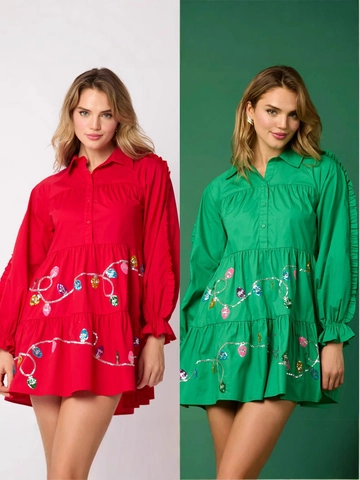 Vestido de Capas de Navidad para Mujer con Lentejuelas Guirnalda de Luces Manga Larga Volantes Vestido Pastel Poliéster Fiesta Rojo Verde
