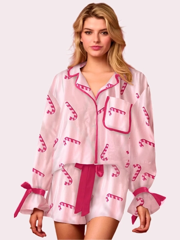 Conjunto de Pijama de Satén de Navidad para Mujer Camisa de Manga Larga Y Pantalones Cortos Dos Piezas Ropa de Dormir Festiva Estampada