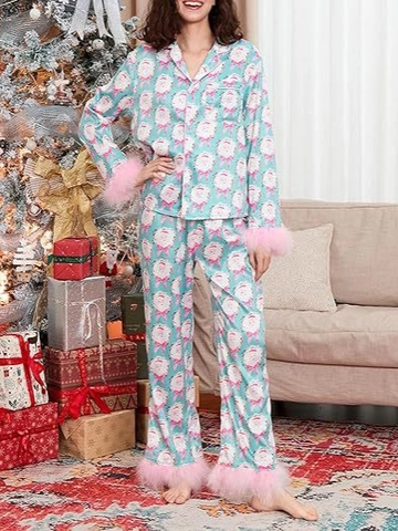 Dames Kerst Satijnen Pyjama Lange Mouwen Knoopsluiting Shirt En Broek Feestelijke Print Loungewear Met Kunstbont Trim