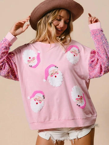 Dames Kerst Kerstman Borduurwerk Sweatshirt Pailletten Lange Mouw Ronde Hals Losjes Casual Pullover Top Voor Kerstfeest