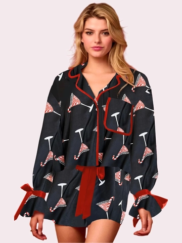Conjunto de Pijama de Satén de Navidad para Mujer Camisa de Manga Larga Y Pantalones Cortos Dos Piezas Ropa de Dormir Festiva Estampada