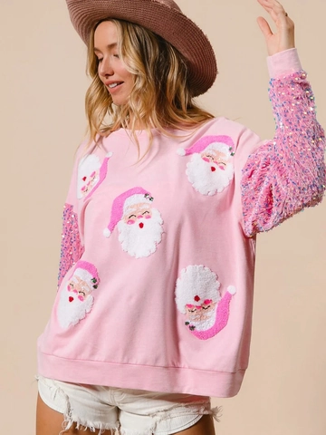 Dames Kerst Kerstman Borduurwerk Sweatshirt Pailletten Lange Mouw Ronde Hals Losjes Casual Pullover Top Voor Kerstfeest