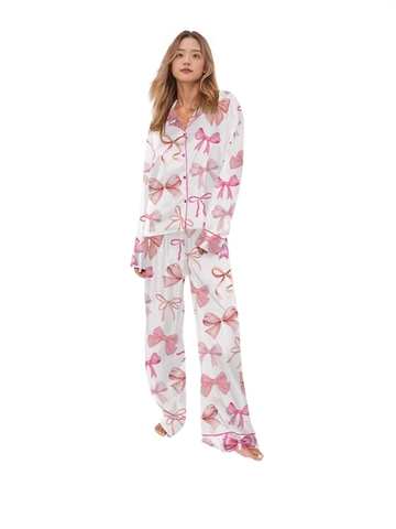 Women Sweet Satin Look Bow Print Pajama Set Long Sleeve Button Down Top And Bottom Comfortable Lounge Sleepwear Homewear