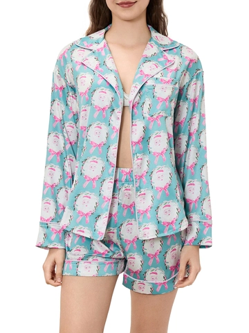 Dames Kerst Satijnen Pyjama Set Feestelijke Notenkraker Kerstman Print Lange Mouwen Shirt En Shorts Nachtkleding Homewear