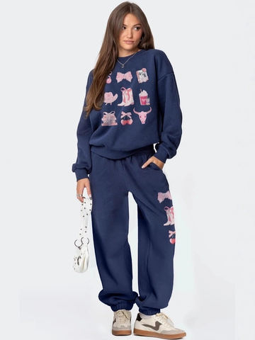 Women's Casual Oversized Thickened Hoodie Set Cotton Blend Top And Bottom With Bow Ribbon Graphic Print Western Style Loungewear