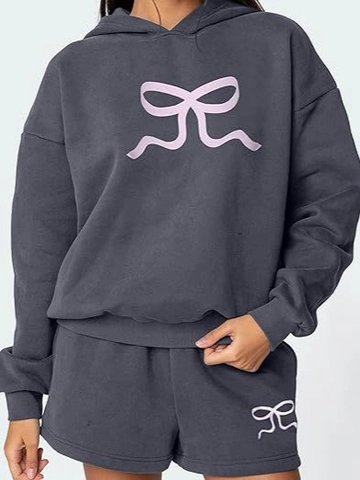 Completo Donna Casual Stampa Fiocco Felpa con Cappuccio Manica Lunga e Pantaloncini Sopra e Sotto Abbigliamento Lounge