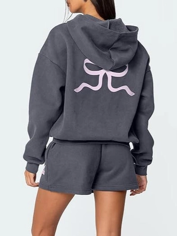 Completo Donna Casual Stampa Fiocco Felpa con Cappuccio Manica Lunga e Pantaloncini Sopra e Sotto Abbigliamento Lounge