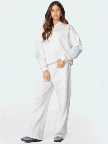 Conjunto de Sudadera con Capucha y Pantalones de Pierna Ancha para Mujer Casual Mezcla Algodón Estampado Lazo Chándal