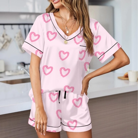 Women Satin Pajama Printed Short Sleeve V Neck Top And Bottom Sleepwear Lounge Wear Pjs For Valentine Christmas